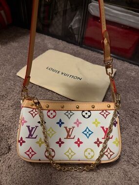 White Multicolor Monogram Shoulder Bag with Gold Chain